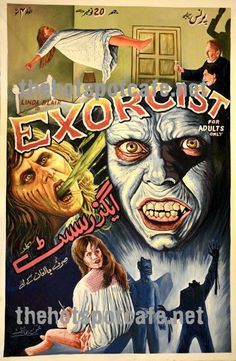 the exorcist movie poster with an evil face and two women in front