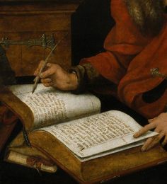 a painting of a man holding a pen and writing on an open book with two hands