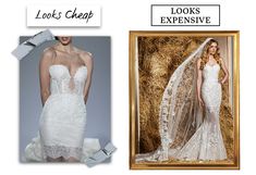 wedding gowns and veils are shown in two different pictures