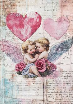 two cherubs with hearts and roses are on top of a piece of paper