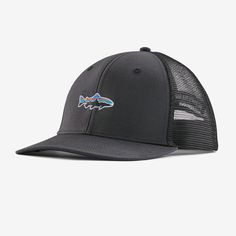 Featuring a brim made with Bureo’s fully traceable NetPlus® 100% recycled fishing nets, our classic mid-crown trucker hat features an organic cotton front, a recycled polyester-mesh back and an adjustable snap closure. Made in a Fair Trade Certified™ factory. | Patagonia Stand Up® Trout Trucker Hat in Ink Black - Trucker Hats & Caps - Organic Cotton/Recycled Polyester/Pfas Patagonia Trucker Hat For Outdoor Activities, Patagonia Outdoor Trucker Hat With Curved Brim, Patagonia Trucker Hat With Curved Brim For Outdoor, Patagonia Adjustable Trucker Hat With Curved Brim, Patagonia Trucker Hat With Curved Brim, Patagonia Adjustable Snapback Hat, Black Flat Bill Trucker Hat For Fishing, Patagonia Casual Trucker Hat With Curved Brim, Casual Patagonia Trucker Hat With Curved Brim