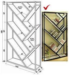 an image of a book shelf with books on it and the measurements for each section