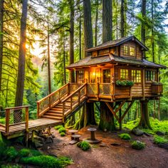 a tree house in the middle of a forest with stairs leading up to it's roof