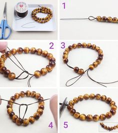 four pictures showing how to make a beaded bracelet with beads and scissors on the table