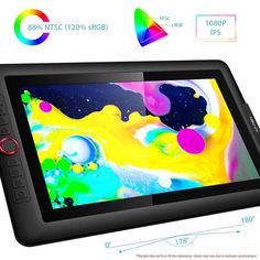 an image of a tablet with colorful images on the screen and infos below it