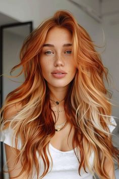 Auburn Red Hair Balayage, Long Copper Hair With Highlights, Ruby Red Hair With Blonde Highlights, Red Blonde Hair Highlights, Redheads With Highlights, Blonde Money Piece Red Hair, Ginger Red Hair With Blonde Highlights, Highlights For Redheads, Red To Blonde Ombre Hair