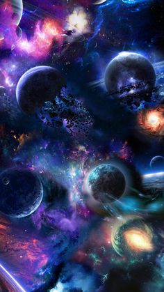 an image of many different planets in the sky with stars and space dusts all around them