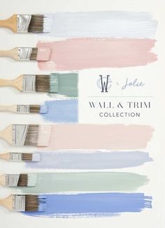 five paint brushes with different colors on them and the words will & tim collection written in white