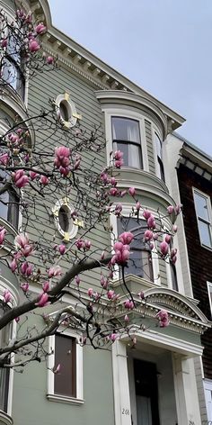 a tree with pink flowers in front of a gray building on a cloudy day,