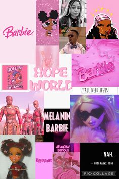 the collage has many different pictures on it, including barbies and other things