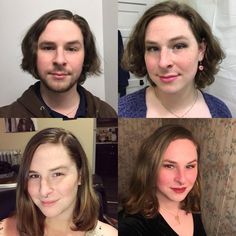 four photos of people with different hair styles and facial expressions, all looking at the camera