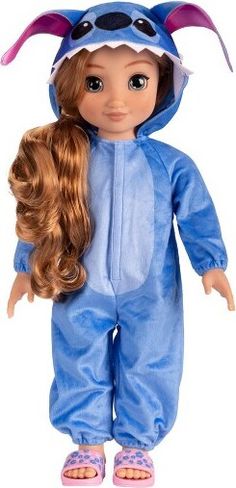 a doll with long hair wearing a blue costume and pigtails on it's head