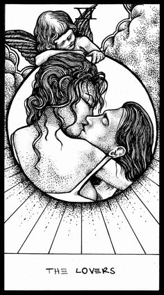 a black and white drawing of two people kissing in the sky with an angel above them