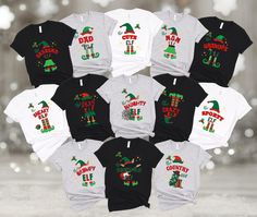 Looking for a unique and funny Christmas gift? Look no further than our family Christmas elf t-shirts! This shirt is perfect for matching with your other family members during the festive season. Also great for sports teams or Christmas party gifts. And don't forget to buy one for yourself too! Buy a few sizes larger for a Christmas nightie. Shop now and get your favorite funny Christmas Elf t shirts today! This classic unisex style tee fits like a well-loved favorite and is designed with comfort in mind, with an ultra-smooth surface. We love this style of T-shirt and know you will too.  This cozy T-shirt is made from polyester and cotton. This combination helps designs come out looking fresh and beautiful.  *Solid colors are 100% cotton *Athletic Heather - 90% cotton, 10% polyester *Other Elf Theme Shirts, Family Christmas Elf Shirts, Christmas Elf Shirts, Christmas Elf Shirts Vinyl, Elf Shirts, Festive Family Matching T-shirt For Holidays, Family Matching Christmas, Elf T Shirt, Elf Shirt