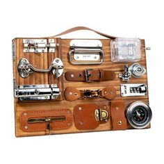 a wooden case filled with lots of different types of items on top of each other