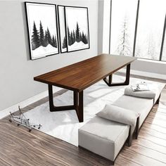 a living room scene with focus on the coffee table and bench in the foreground