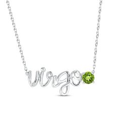 This stellar necklace features "Virgo" spelled out in swirling sterling silver letters. A peridot punctuates the word art, adding eye-catching color. The pendant suspends from an 18-inch cable chain that secures with a lobster clasp. Virgo Gold Necklace, Sterling Silver Zodiac Sign Necklace Gift, Sterling Silver Zodiac Pendant Jewelry, Silver Zodiac Sign Pendant Necklace, Virgo Pendant, Virgo Necklace, Virgo Zodiac, Accessories Jewelry Necklace, Gold Letters