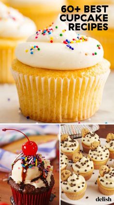 cupcakes with white frosting and sprinkles are shown in this collage