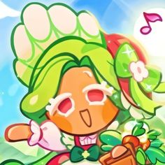 an animal girl with green hair and pink eyes is holding a basket full of fruit