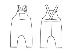 a pair of overalls with suspenders on the front and back, drawn in black ink