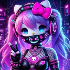 a girl with headphones and a cat costume holding a peace sign in her hand