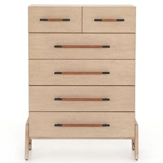 the chest of drawers is made out of wood and has two black handles on each drawer