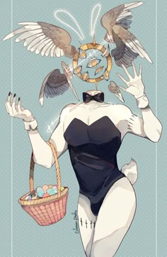 a woman holding a basket with birds flying around her and wearing a black swimsuit