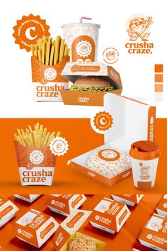 an orange and white advertisement with different types of food in the box, including french fries