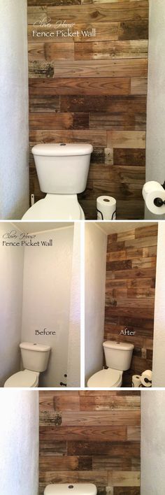 four pictures of a toilet in a bathroom with wood paneling on the walls and floor