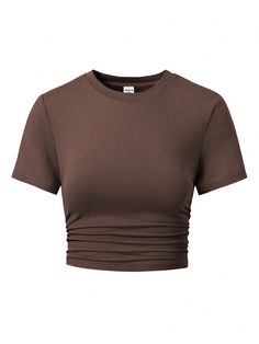 Marrón Casual Collar manga corta Tela tejida Liso  Embellished Estiramiento medio Cheap Cute Brown Tops, Cute Shirts Aesthetic Crop Top, Cute Crop Tops For Teens, Brown Crop Top Outfit, Cute Brown Crop Top, Clothes Teen Girl, Basic Brown Short Sleeve Tops, Cheap Brown Cropped Top, Cute Tops For Teenagers