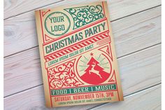 an old fashioned christmas party flyer on a wooden table with wood planks and white boards