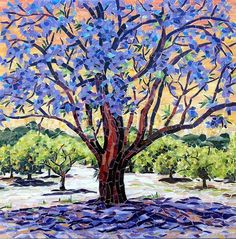 a painting of a tree with blue leaves