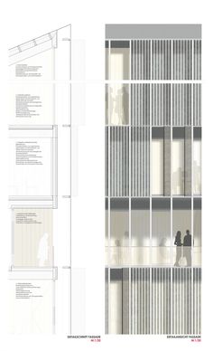 an architectural drawing shows the interior and exterior of a tall building with vertical glass walls