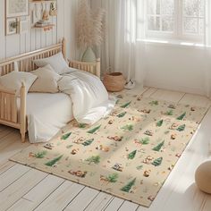 a bed room with a neatly made bed next to a window and a rug on the floor