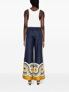 La DoubleJ high-waist Silk Palazzo Trousers - Farfetch Silk Wide Leg Pants With Elastic Waistband, Wide Leg Silk Pants With Elastic Waistband, Blue Silk Wide Leg Bottoms, Blue Silk Wide-leg Bottoms, High Waist Silk Pants For Summer, Chic Blue Silk Pants, Palazzo Design, Palazzo Designs, Palazzo Trousers