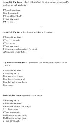 the menu for lemon stir fry sauce is shown in black and white, as well as instructions to make it