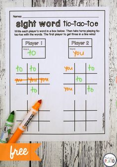 the sight word tic - tac - toe game is shown with markers and pens