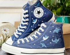 Custom Embroidered Converse, Hammerhead Sharks and Manta Ray Embroidered Shoes, Ocean Vibes Embroidered Sneakers Custom, Gifts for Divers - Etsy Embroiderd Converse, Shark Converse, Custom Converse Ideas, Space Converse, Converse Custom Ideas, Painted Converse High Tops, Shoe Painting Ideas, Ocean Shoes, Embroidered Converse High Tops