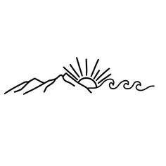 the sun shines brightly over mountains and waves in this hand drawn line art drawing