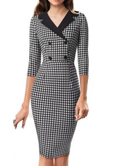 Vintage Houndstooth, Business Party, Party Women, Women Bodycon Dress, White Houndstooth, Office Dresses, Turndown Collar, Business Dresses, Button Dress