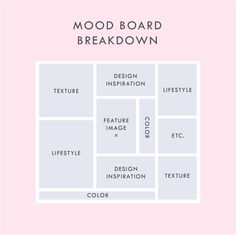 the mood board is shown with different colors and words on it, including white text