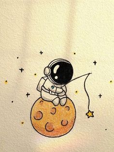 an astronaut is sitting on top of the moon with a balloon in his hand and stars around him