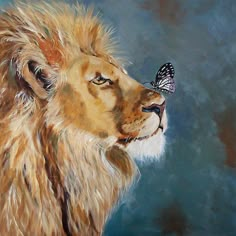 a painting of a lion with a butterfly on it's nose, looking to its left