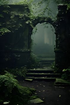 an arch in the middle of a forest with stairs leading up to it