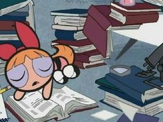 a cartoon character is sleeping on the floor next to some books and a lamp with her eyes closed