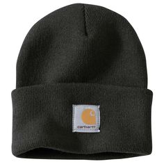 A cold-weather Carhartt classic that's been keeping hardworking heads warm since 1987. This men's acrylic watch hat is made of stretchy rib knit that's soft to the touch and finished with a Carhartt patch on the front. Carhartt Men's Black Acrylic Knit Hat | A18-BLACK-OFA Bonnet Carhartt, Carhartt Hat, Carhartt Beanie, Workwear Essentials, Sarah Kay, Watch Cap, Cuffed Beanie, Mens Beanie, Jean Vest