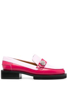 light pink/red calf leather colour-block design decorative button detailing slip-on style round toe branded footbed block heel Pink Loafers, Designer Loafers, Buckle Loafers, Chunky Loafers, Summer Fashion Outfits, Penny Loafers, Curator Style, Platform Shoes, Loafers For Women