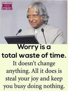 an old man is giving a speech in front of a microphone with the words worry is a total waste of time it doesn't change anything all it does is steal your joy and keep you