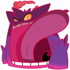 an image of a pink monster with big eyes and mouth wide open in front of two purple monsters