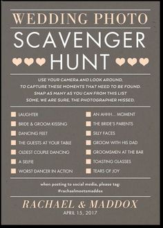 the wedding photo scavenger hunt is displayed on a black and white poster with hearts